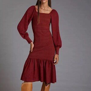 Anthropologie | Smocked Puff Long Sleeved Flounce Hem Midi Dress - Size S